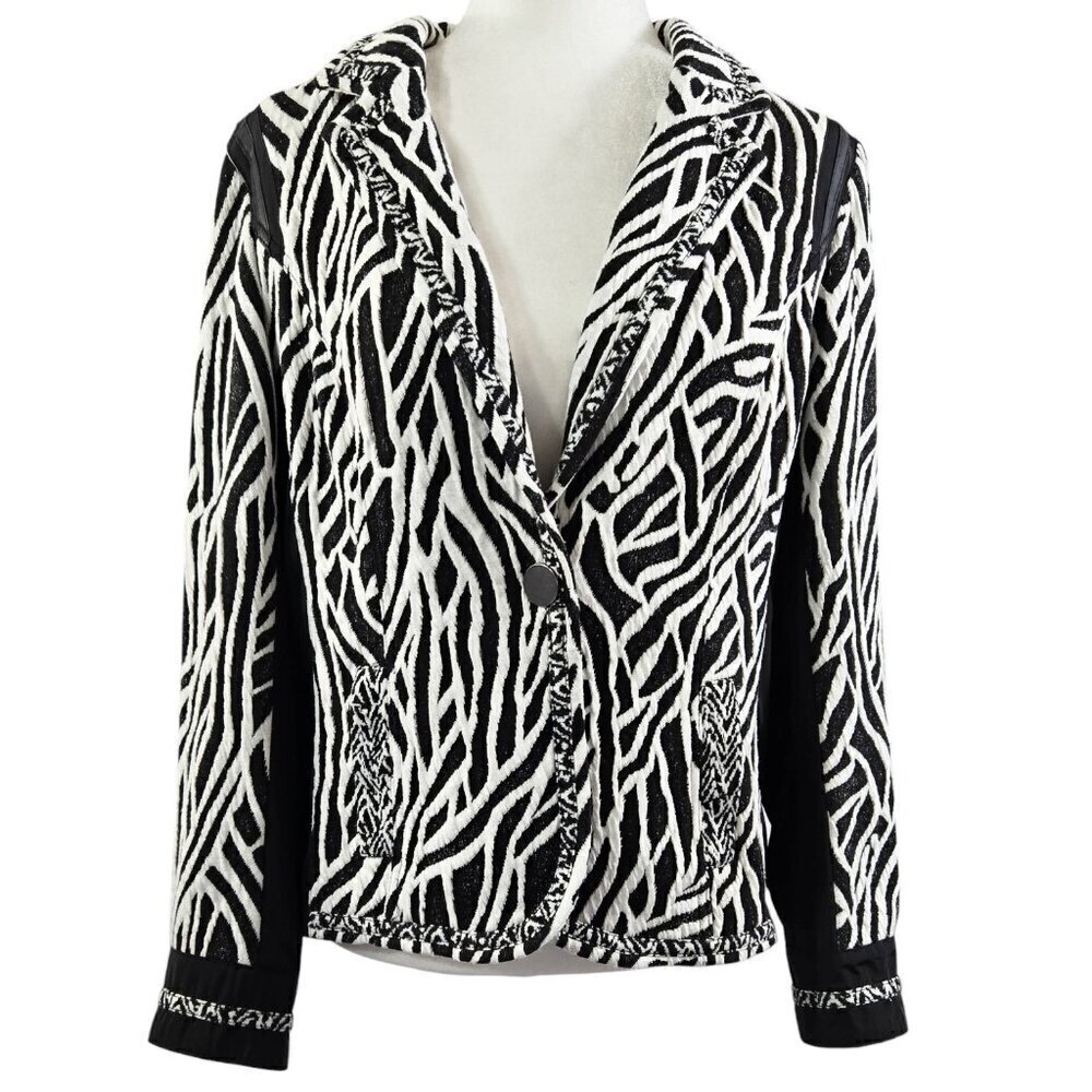 Chico's Zebra Print Mixed Media Contrast Panels Knit Blazer Faux Leather Trim